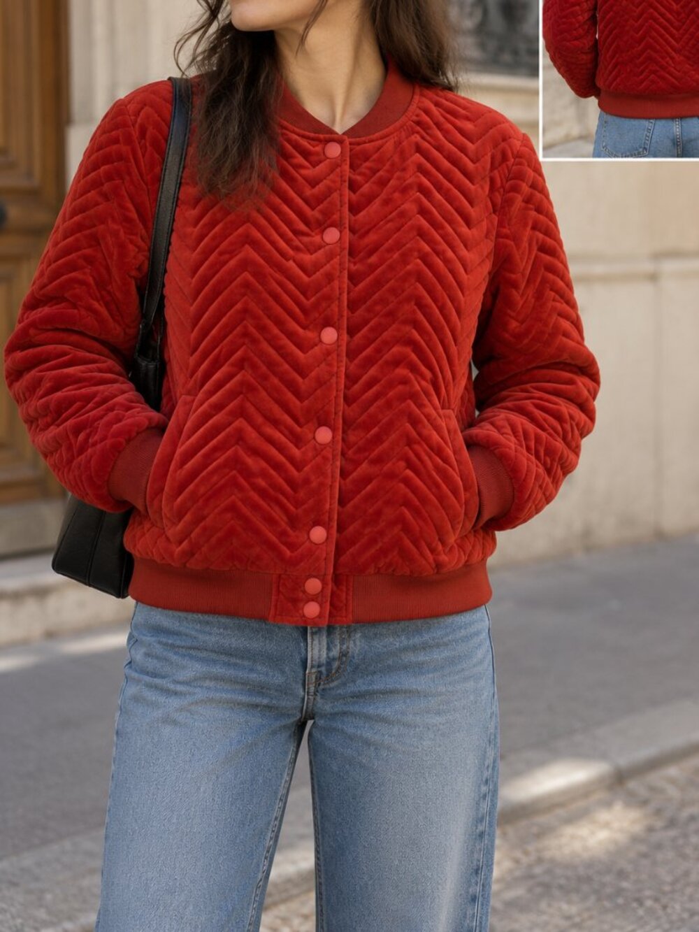 Libertie Red Chevron Velvet Bomber Women's S